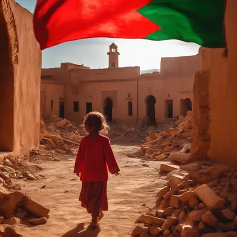 Morocco earthquake view, one little girl from behind waving red Moroccan flag looking at rubble and destruction, somber, hope, sunrays, (masterpiece:1.1) (best quality) (detailed) (intricate) (8k) (HDR) (cinematic lighting) (sharp focus:1.1) green small pe...