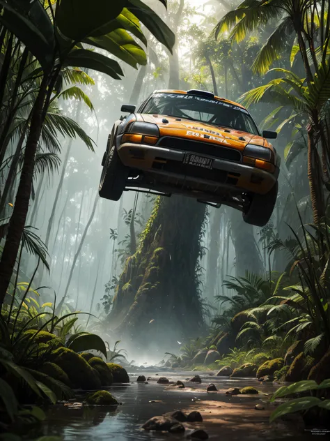 professional photo realistic artwork of a fierce swampy tropical jungle rally in Amazon, a masterpiece artwork of don Lawrence, insanely detailed and intricate, epic race battle scene, volumetric lighting