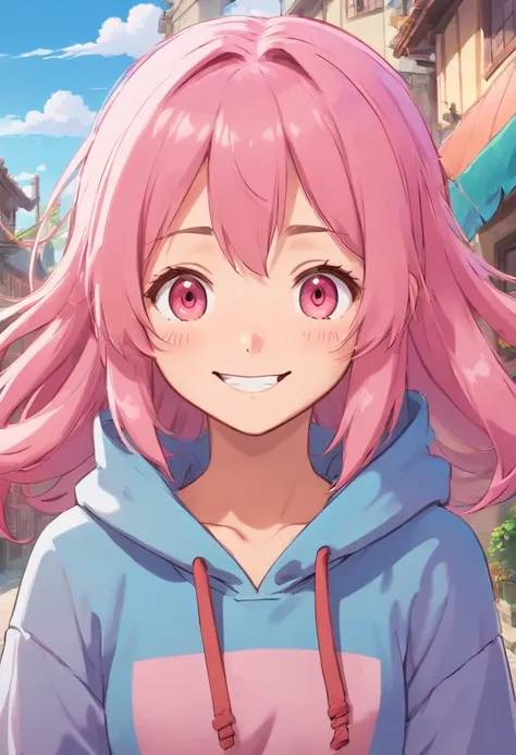 One girl in anime、Cheerful 20 year old girl、wearing hoodies、boyish、A pink-haired、A smile、Closing one eye、Happy look、Vibrant poses