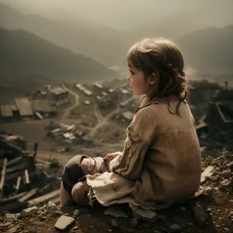 A little girl sitting at the top of a mountain looking at a destroyed village below. Her clothes were old and worn out.