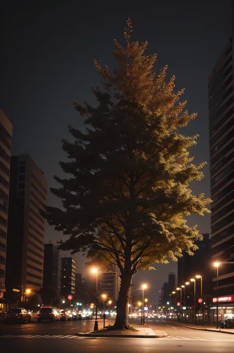 an old tree, dark theme, looking at the street, city background blur, best lighting and exposure, 16k resolution