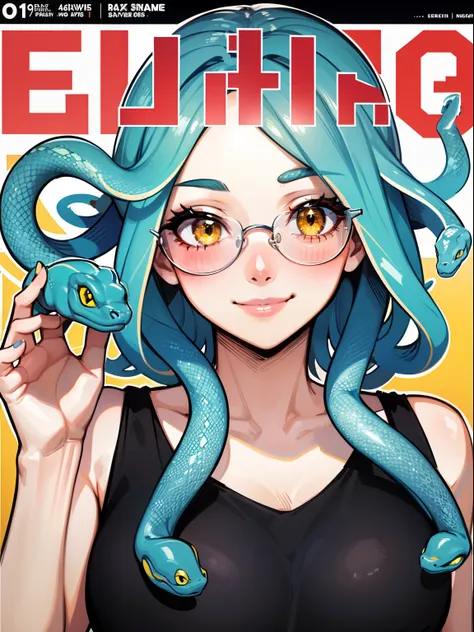 1girl,solo focus,(snake hair:1.2), multicolored hairs,medium hairs, yellow eyes,snake eyes,sunglass, portrait,looking at viewer,smile,magazine cover,smile