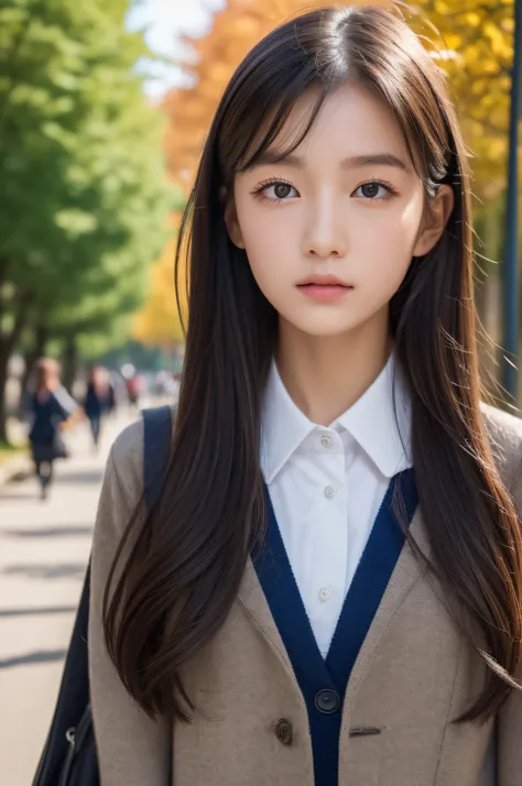 ((Best quality, 8k, Masterpiece :1.3)),full body,1girl,Ultra-detailed face, Detailed eyes, Double eyelid,hi-school girl、A dark-haired、校服、School bag、autumnal、Colored leaves、Street Trees、Contre-Jour