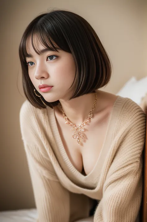 (Best quality, 8k, 32k, Masterpiece, UHD:1.2), (extremely intricate:1.3), (photorealistic:1.4), NSFW, 18 years old Japanese, waifu, blushed cheek, very short bob hair, POV, oversized sweater, downblouse, (leaning forward:1.3), necklace, bedroom, from below...