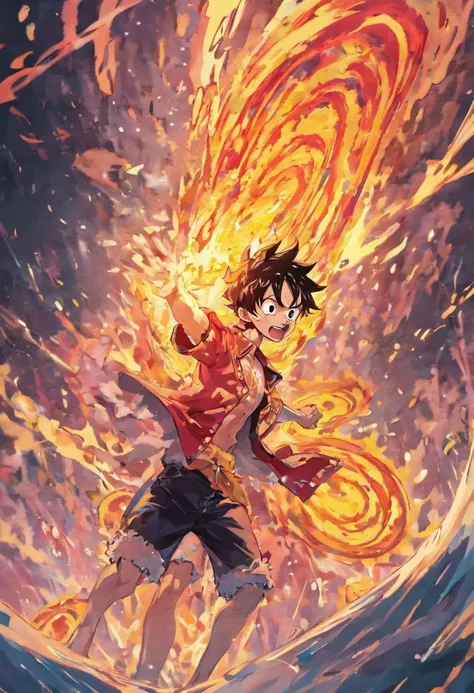 Create an exciting poster，Com Luffy na quinta marcha "One Piece" No calor do momento. Capture the essence of your fiery determination and indomitable spirit，Pois ele desencadeou sua ira sobre seus inimigos. Mantenha-o curto, ousado, E transmitem fortemente...