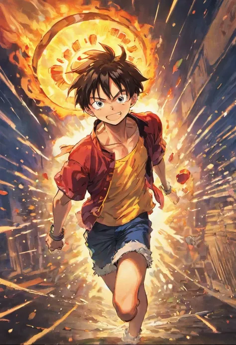 Create an exciting poster，Com Luffy na quinta marcha "One Piece" No calor do momento. Capture the essence of your fiery determination and indomitable spirit，Pois ele desencadeou sua ira sobre seus inimigos. Mantenha-o curto, ousado, E transmitem fortemente...