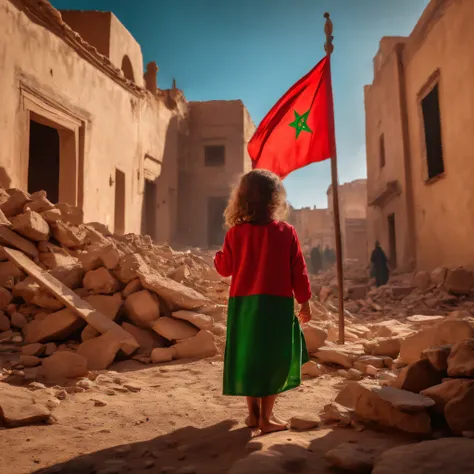 Morocco earthquake view, one little girl from behind holding red Moroccan flag looking at rubble and destruction, somber, hope, sunrays, (masterpiece:1.1) (best quality) (detailed) (intricate) (8k) (HDR) (cinematic lighting) (sharp focus:1.1) small green p...