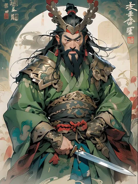 (((China-style，Ink painting method，Half-length portrait，Intense color，Han dynasty, China，Hanfu，Armor，Guan yu，Guan Yunchang，of a guy，Ruddy killing square face，Hold the Blue Dragon Moon Knife in his right hand，Stroke your beard with your left hand，Long hair，...