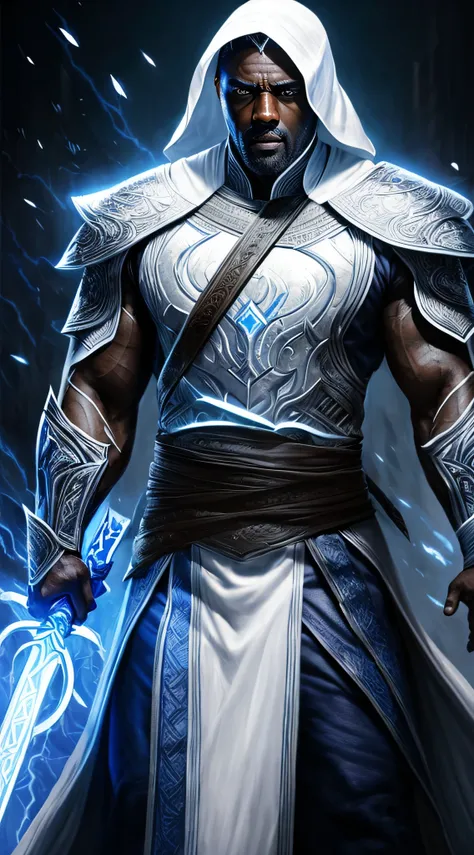 actor ((Idris Elba)) as Raiden, Mortal Kombat, wears white robe, a vietnamese hat, glowing blue eyes, wields staff, God of Thunder, protector of Earthrealm, intricate, high detail, sharp focus, dramatic, photorealistic painting art by greg rutkowski