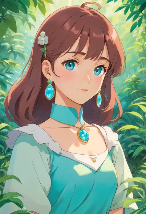 a girl wearing an anime collar, a long necklace and earrings, in the style of tranquil gardenscapes, colorful animation stills, masami teraoka, aquamarine, paul gauguin, Embry style, honest portrayal