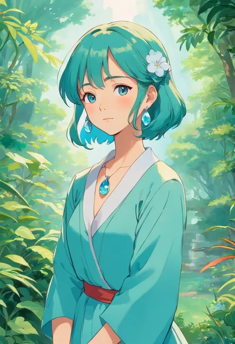 a girl wearing an anime collar, a long necklace and earrings, in the style of tranquil gardenscapes, colorful animation stills, masami teraoka, aquamarine, paul gauguin, Embry style, honest portrayal