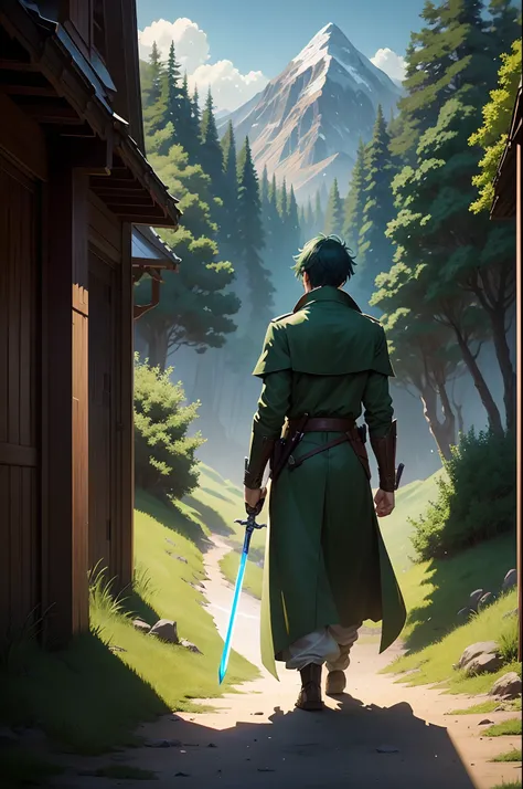 The image of Arafad of a man in a long dark green trench coat holding a sword in his left hand, Back Shadow，Faraway view，Turn your body to the front left，anime beautiful peace scene, A beautiful artwork illustration, Anime fantasy illustration, Digital ani...