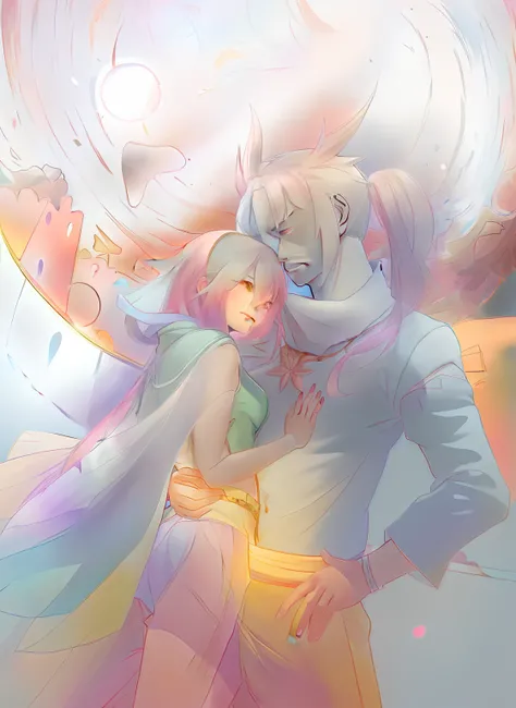 Anime - A woman and a man hugging in a circle of style images, author：New Art, WLOP and Sakimichan, Loish et WLOP, jazza and rossdraws, author：Uesaka Seka, Digital art on Pixiv, Artgerm and Atey Ghailan, Guviz-style artwork, Detailed fanart