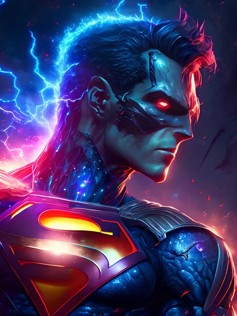 Retrato sombrio do Zombie Cyborg Superman da DC, extremamente detalhado, futuristic cityscape, noite, glowing neon lights, smoke billowing, Sparks, Metal shavings, Detritos voadores, efeitos da energia azul, volumetric light