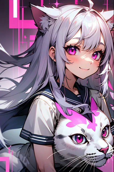 girl with、hi-school girl、Sailor Uniform、a miniskirt、silber hair、long silvery hair、Cats ears、Pink eyes、Evil smile