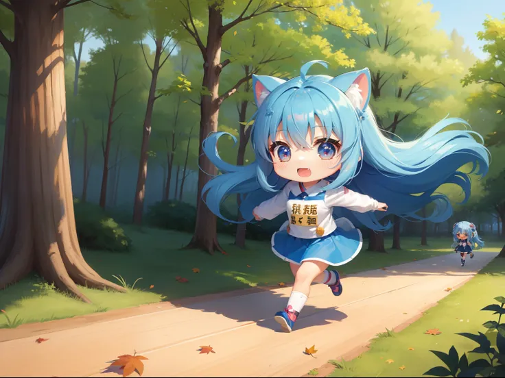 Chibichara　long hair with blue hair((Chibi Chara))、Fluffy、girl with、Chibi Chara、full body Esbian、Pastel colors hair、masutepiece、top-quality、In the forest of autumn leaves、Chibi Charas Sports Day、Chibichara running