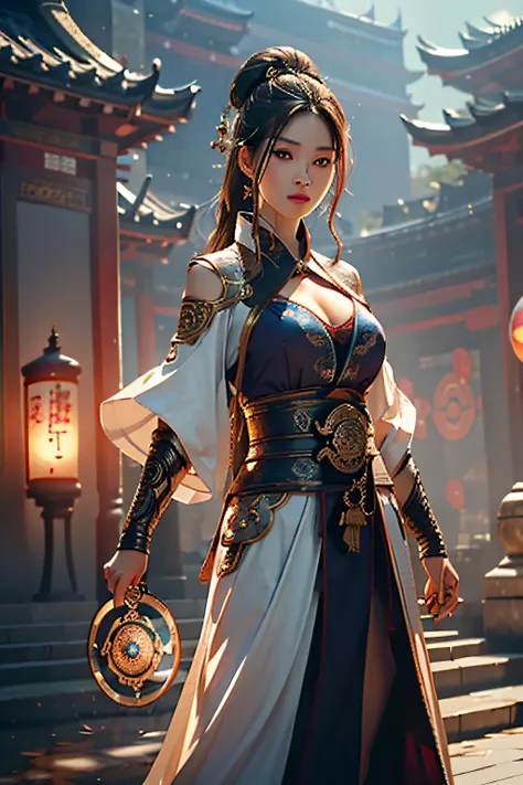 Best quality,masterpiece,ultra high res,(photorealistic:1.4),xiuxian,weapon,Detailed face,
1girl,solo,weapon,cleavage,(magic circle:1.2),xiuxian,upper body,Beautiful girl,full body,east asian architecture,sheath,architecture,