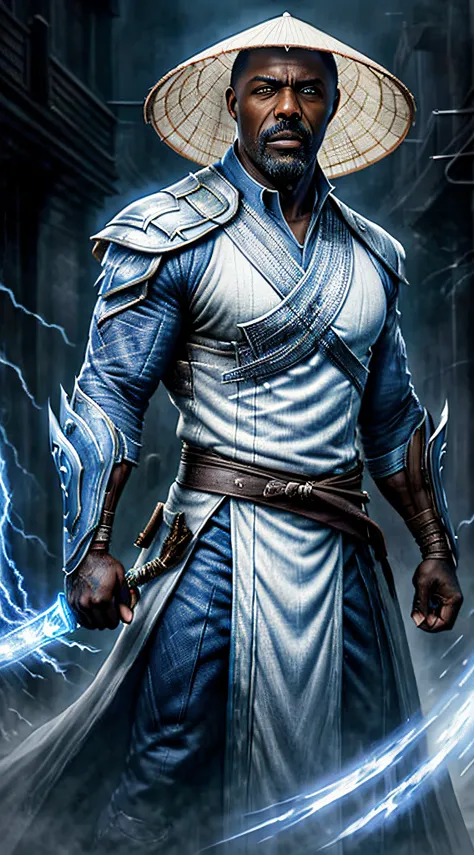 actor ((idris elba)) as raiden, mortal kombat, wears white robe, a vietnamese hat, glowing blue eyes, wields staff, god of thund...