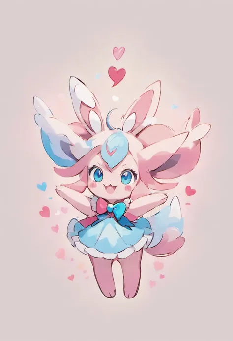 Sylveon.four legs.bright and cheerful smile.Blue eyes、Heart Ribbon