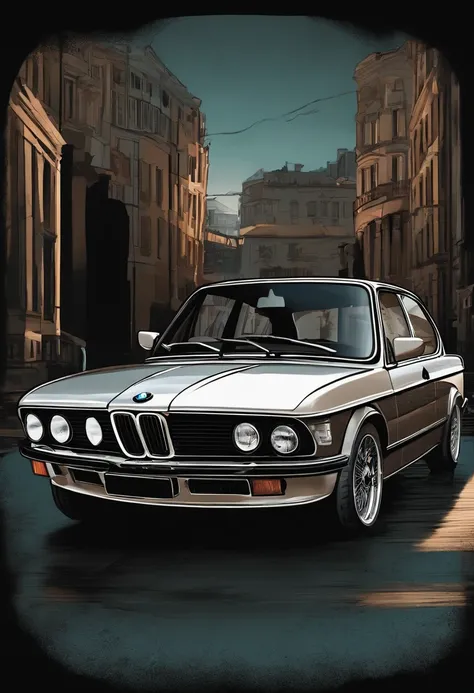 /imagine prompt: BMW classic car illustration for a sticker with a black background, in bold outline style, jagged edges, trashcore, light shading --v 5.2