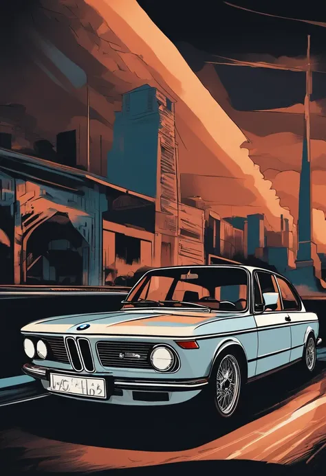 /imagine prompt: BMW classic car illustration for a sticker with a black background, in bold outline style, jagged edges, trashcore, light shading --v 5.2