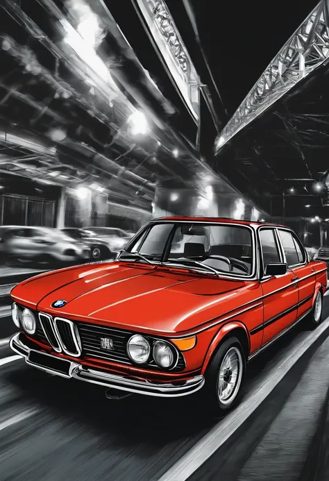 /imagine prompt: BMW classic car illustration for a sticker with a black background, in bold outline style, jagged edges, trashcore, light shading --v 5.2