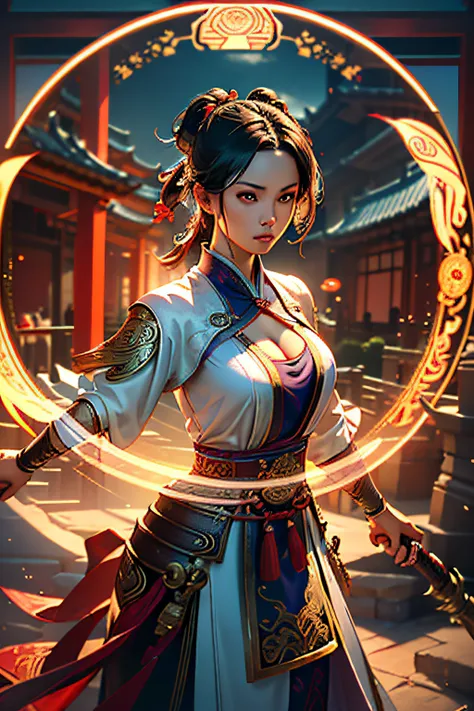 Best quality,masterpiece,ultra high res,(photorealistic:1.4),xiuxian,weapon,Detailed face,
1girl,solo,weapon,cleavage,(magic circle:1.2),xiuxian,upper body,Beautiful girl,full body,east asian architecture,sheath,architecture,