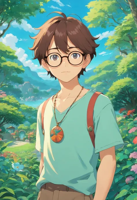 a boy wearing glasses, Full body, long necklace and earrings, with a calm garden landscape style, colorful animated stills, masami teraoka, aquamarine, paul gauguin, Embry style, honest depiction