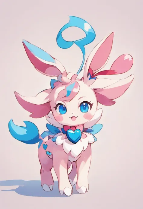 Sylveon.four legs.bright and cheerful smile.Blue eyes、Heart Ribbon.quadrupedal walking