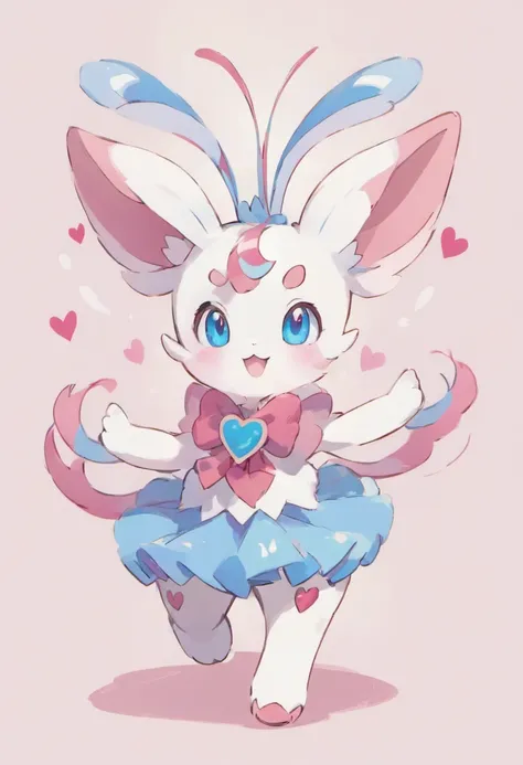 Sylveon.four legs.bright and cheerful smile.Blue eyes、Heart Ribbon.quadrupedal walking