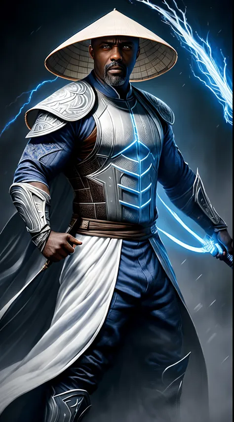 actor ((idris elba)) as raiden, mortal kombat, wears white robe, a vietnamese hat, glowing blue eyes, wields staff, god of thund...