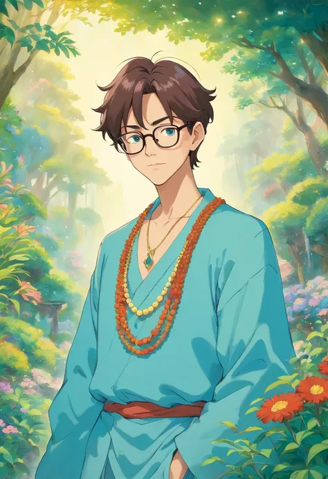 a handsome male King wearing glasses, Full body, long necklace and earrings, with a calm garden landscape style, colorful animated stills, masami teraoka, aquamarine, paul gauguin, Embry style, honest depiction