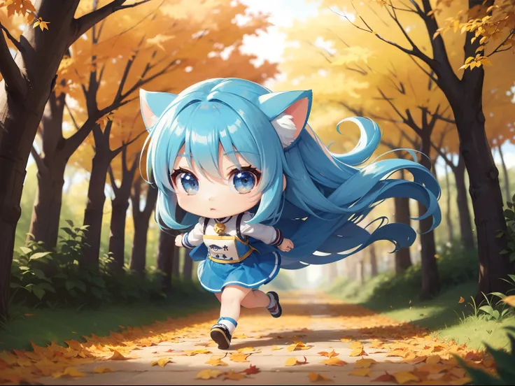 Chibichara　long hair with blue hair((Chibi Chara))、Fluffy、girl with、Chibi Chara、full body Esbian、Pastel colors hair、masutepiece、top-quality、In the forest of autumn leaves、Chibi Chara Running　Marathon