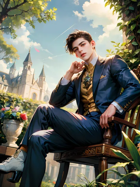 (absurdres, highres, ultra detailed, HDR), masterpiece, best quality, Hufflepuff male, A young man with plant, portrait of a boy, handsome boy elazul, jumi race, detailed face,  in a legend of mana town, domina, gardener, handsome adventurer, professional ...