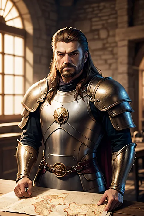 Eddard Stark looks at a map of Westeros, He holds a golden crown in his hand, A hyper-realistic, super detailed, beutiful, muscular, Moroccan armor, Super realistic, super detailed, Armor dress, gloweyes, stands near the table and looks at the map