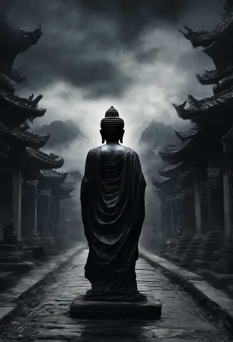 Masterpiece, Best quality, offcial art, 8K wallpaper, Very detailed, Dark style，Black Buddha statue，A huge tall Buddha statue in the distance，Pilgrims on the road