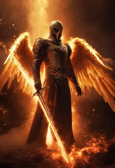 ((1 angel men)), cosmic fallen angel ((1 men))l, olhos claros brilhantes, Biomechanicals, estranho, assustador,  with a flaming sword in his hands, Pesadelo, cores muito brilhantes, light particles, com luz brilhante, Mshiff, Arte do papel de parede, Papel...