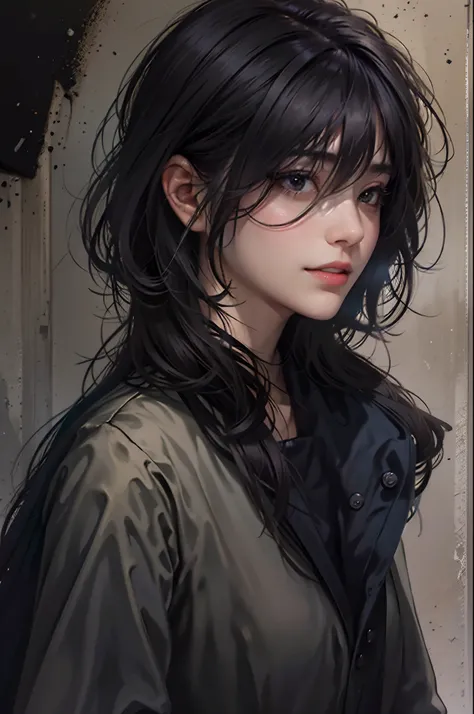 (realistic:1.37),dark short hair,raven-black flowing hair,fringe,deep black eyes,21 years old,shoulder-length hair,black clothing,black uniform,female portrait,subtle smile,vivid colors,soft lighting,studio setting,detailed brushstrokes,luminous complexion...