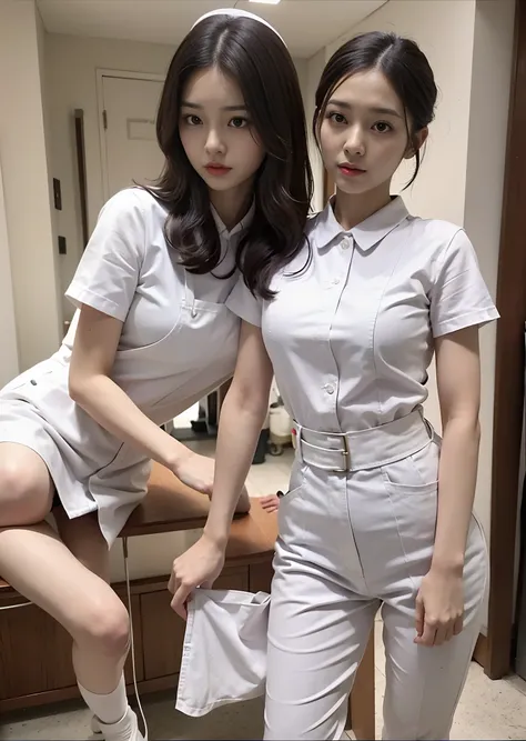 There was a woman in a white uniform, Nurse, full-body xianxia, nurse girl,  healthcare worker, Fitted nurse uniform，Split nurse overalls，Skinny white trousers，Beautiful nurse shoes，Stand dignified and generous，fully body photo