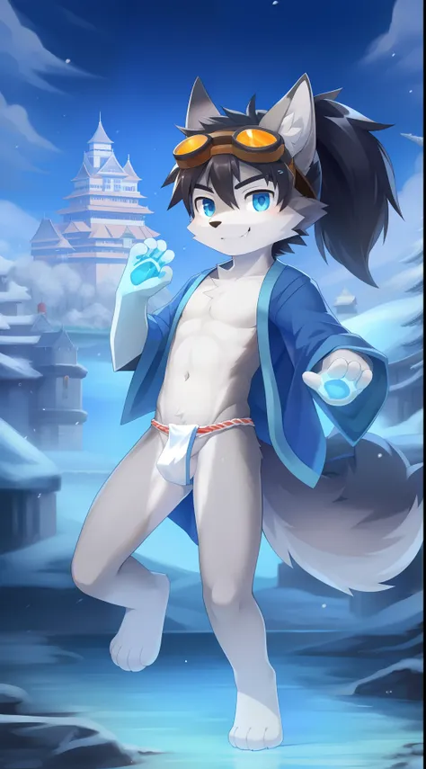 Furry shota, Young, wolf, black hair, long spiky ponytail, blue eyes, detailed body fur, blue kimono whit snow pattern, open clothes, red fundoshi, goggles, masterpiece, looking at you, fangs, clear grey body fur, detailed face, big eyebrows, detailed eyes...