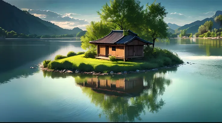 there is a small house on a small island in the middle of a lake, beautifully lit landscape, peaceful landscape, serene landscape, beautiful serene landscape, amazing landscape, in a serene landscape, an amazing landscape image, dreamy landscape, beautiful...