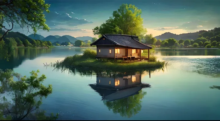 there is a small house on a small island in the middle of a lake, beautifully lit landscape, peaceful landscape, serene landscape, beautiful serene landscape, amazing landscape, in a serene landscape, an amazing landscape image, dreamy landscape, beautiful...