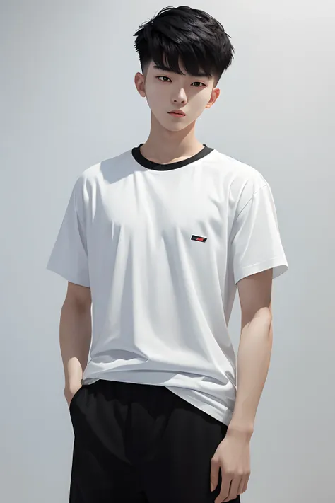 A 20 years old korean guy wearing a white cotton t shirt, sidecut haircut, black hair, tapered side haircut, short wolfcut white background studio, anime style, fashion photo, stand pose, oversized black t shirt, perfect anatomy, one person, high detailed ...