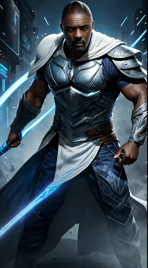 actor ((idris elba)) as raiden, mortal kombat, wears white robe, a vietnamese hat, glowing blue eyes, wields staff, god of thund...