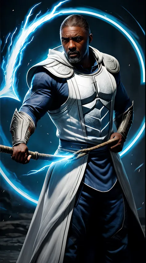 actor ((idris elba)) as raiden, mortal kombat, wears white robe, a vietnamese hat, glowing blue eyes, wields staff, god of thund...