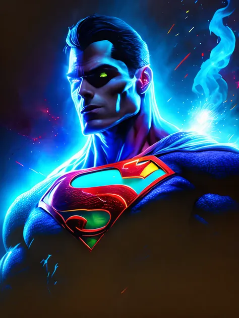 retrato sombrio do superman zumbi ciborgue da dc, extremamente detalhado, futuristic cityscape, noite, glowing neon lights, smok...