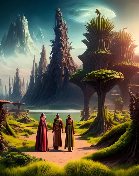 Humans in period costumes，alien worlds，Alien plants，alien monster，an alien landscape