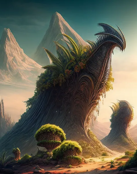 Humans in period costumes，alien worlds，Alien plants，alien monster，an alien landscape