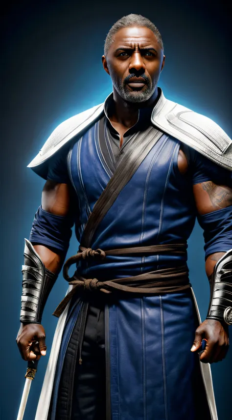 actor ((idris elba)) as raiden, mortal kombat, wears white robe, a vietnamese hat, glowing blue eyes, wields staff, god of thund...