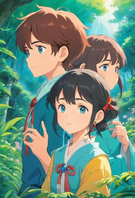 2 girl and 1 boy wearing an anime collar, a long necklace and earrings, in the style of tranquil gardenscapes, colorful animation stills, masami teraoka, aquamarine, paul gauguin, Embry style, honest portrayal